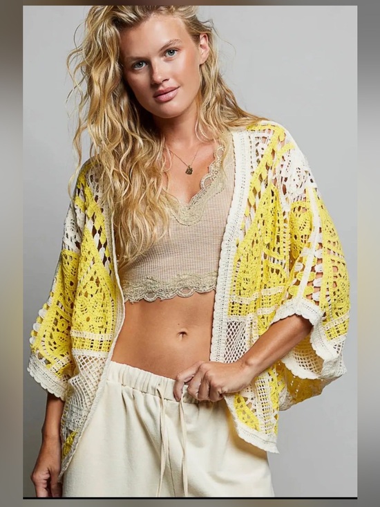POL Sweaters - 301. BRAND NEW POL Yellow and Cream Crochet Open-Front Cardigan